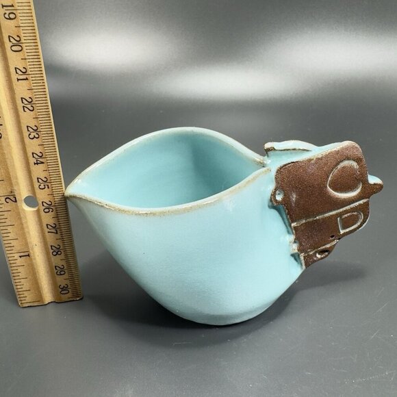Hand Made Studio Art Pottery Creamer Small Pitcher RedWare Teal Blue Glaze Dish - Picture 3 of 13